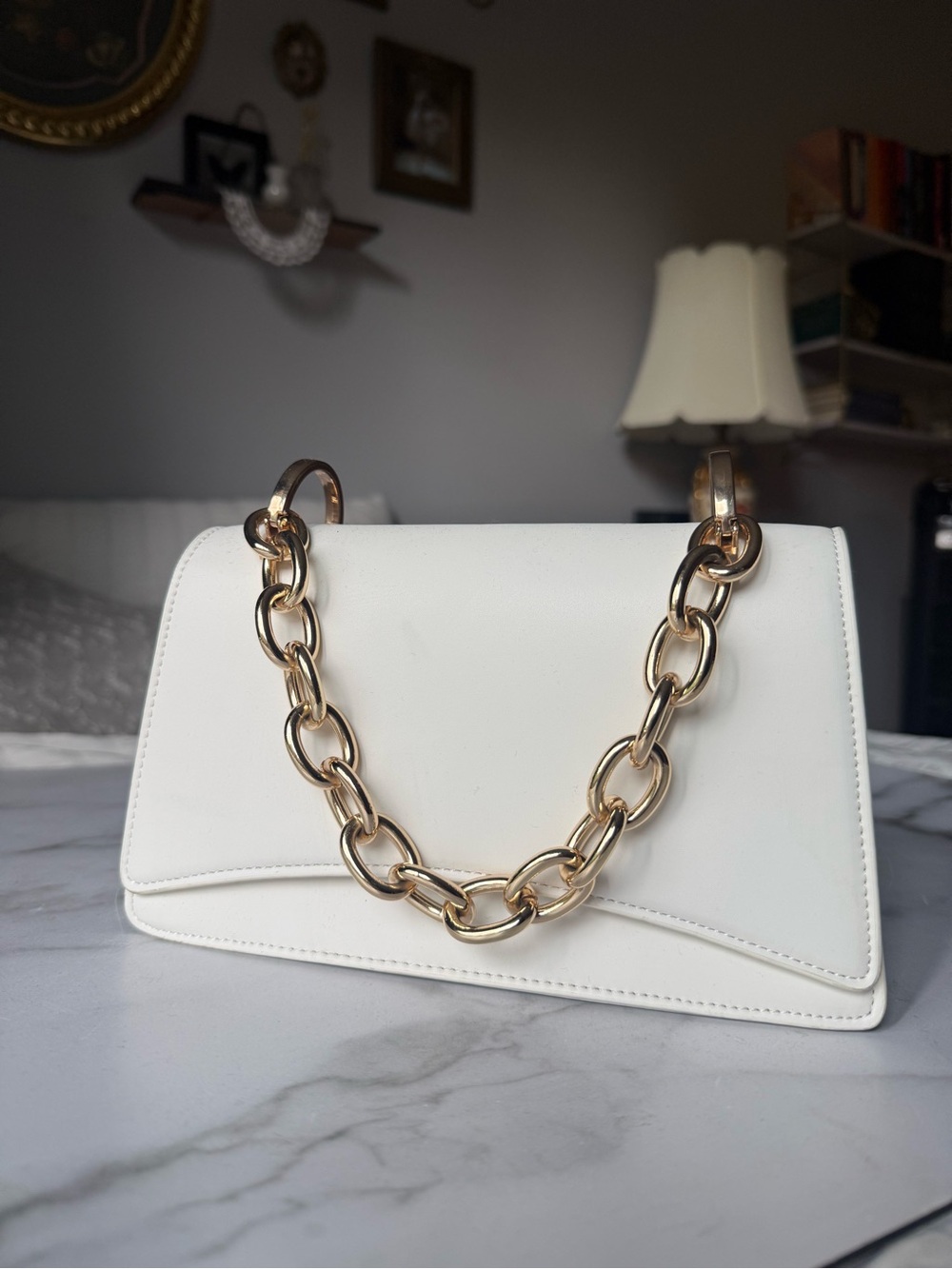 Aqua White Shoulder Bag with Gold Chain Strap